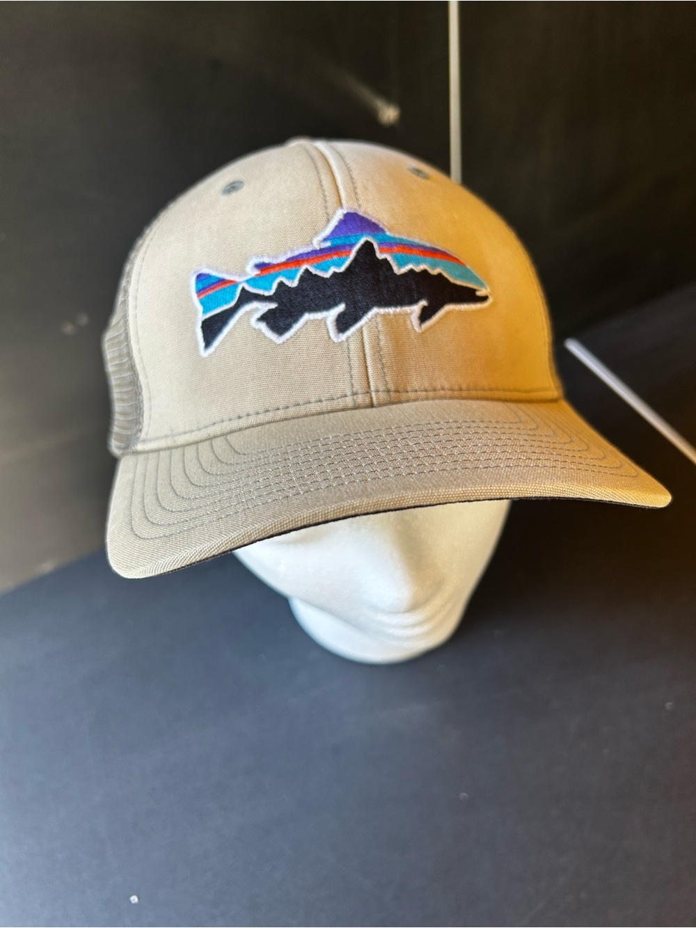 Patagonia Tan Trucker Hat with Multicolor Fish Patch